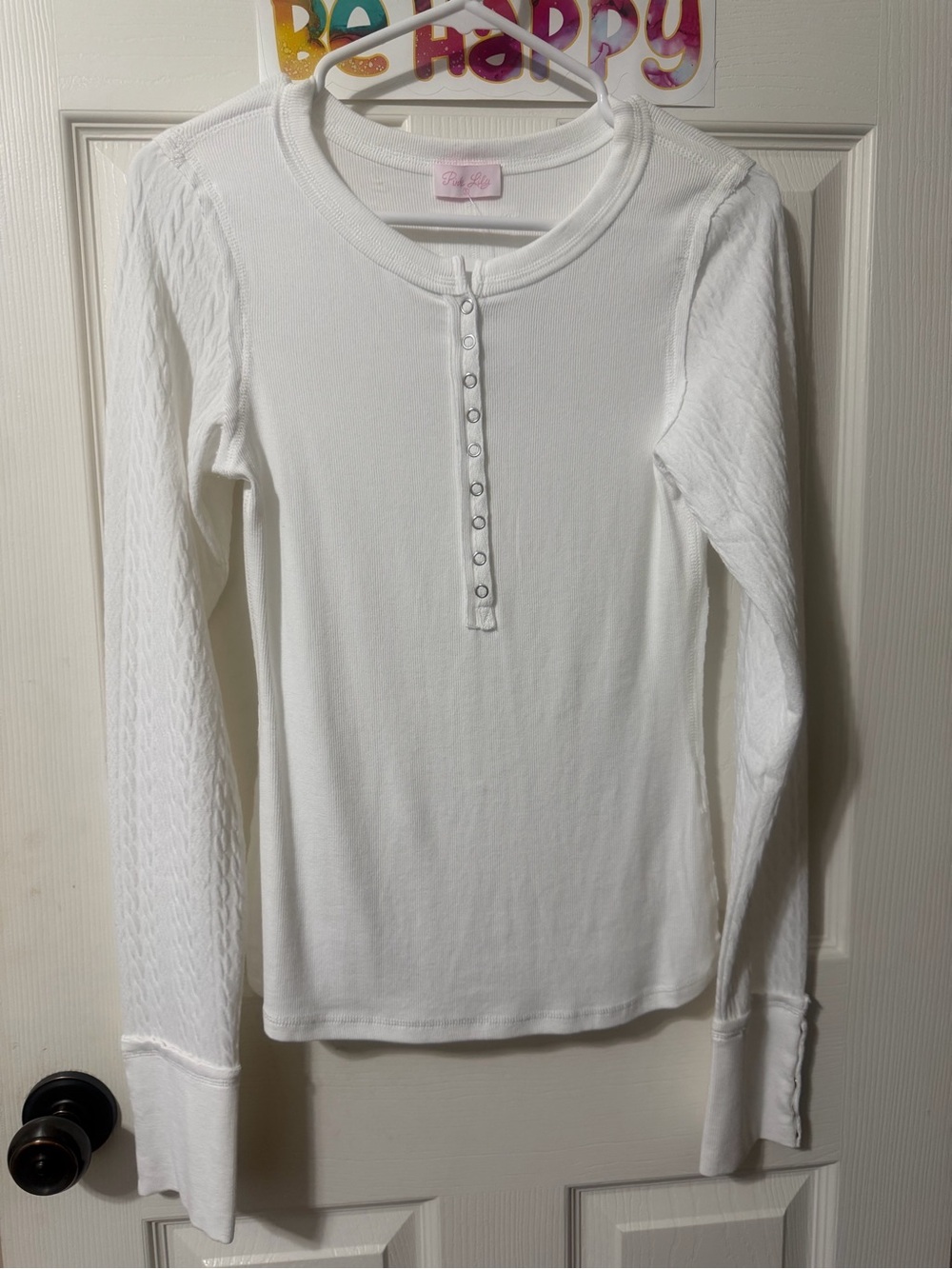 Pink Lily White Long Sleeve Henley Top with Snap Placket